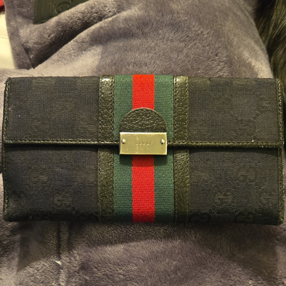 Gucci Black Canvas Wallet with Red and Green Accent